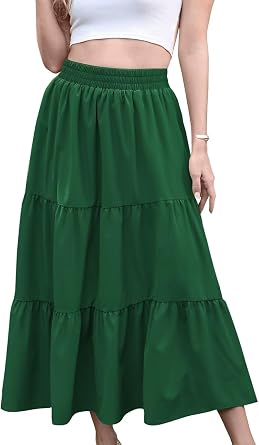 HUSKARY Women Summer Midi Skirt Casual Elastic High Waist Pleated A-Line Flowy Swing Tiered Beach Vacation Skirts