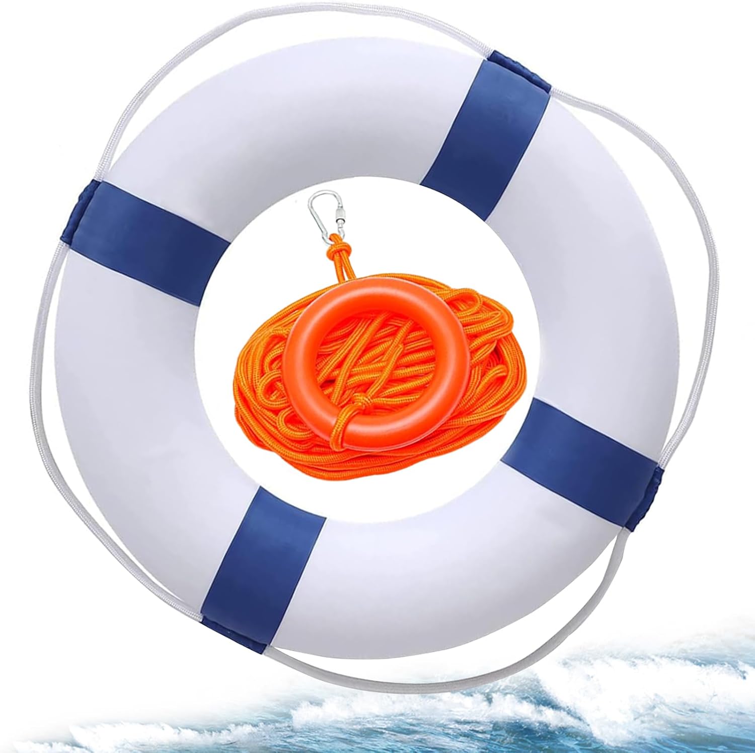 Child Pool Life Ring Buoy Life Preserver Ring with Lifesaving Rope Reflective Tape Yard Wall Decoration 10.6"/19.68" Blue
