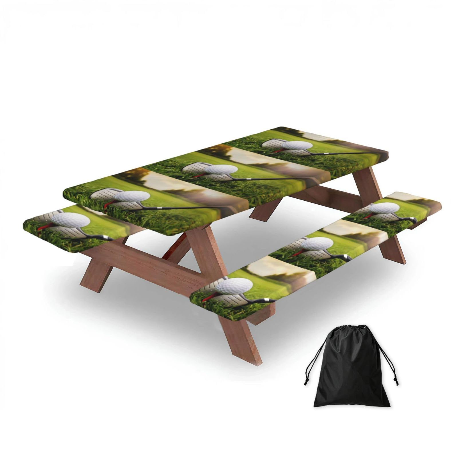 Golfer, Picnic Table Cover With Bench Covers -Waterproof Elastic Fitted Tablecloth for Garden Camping Patio 76x152cm