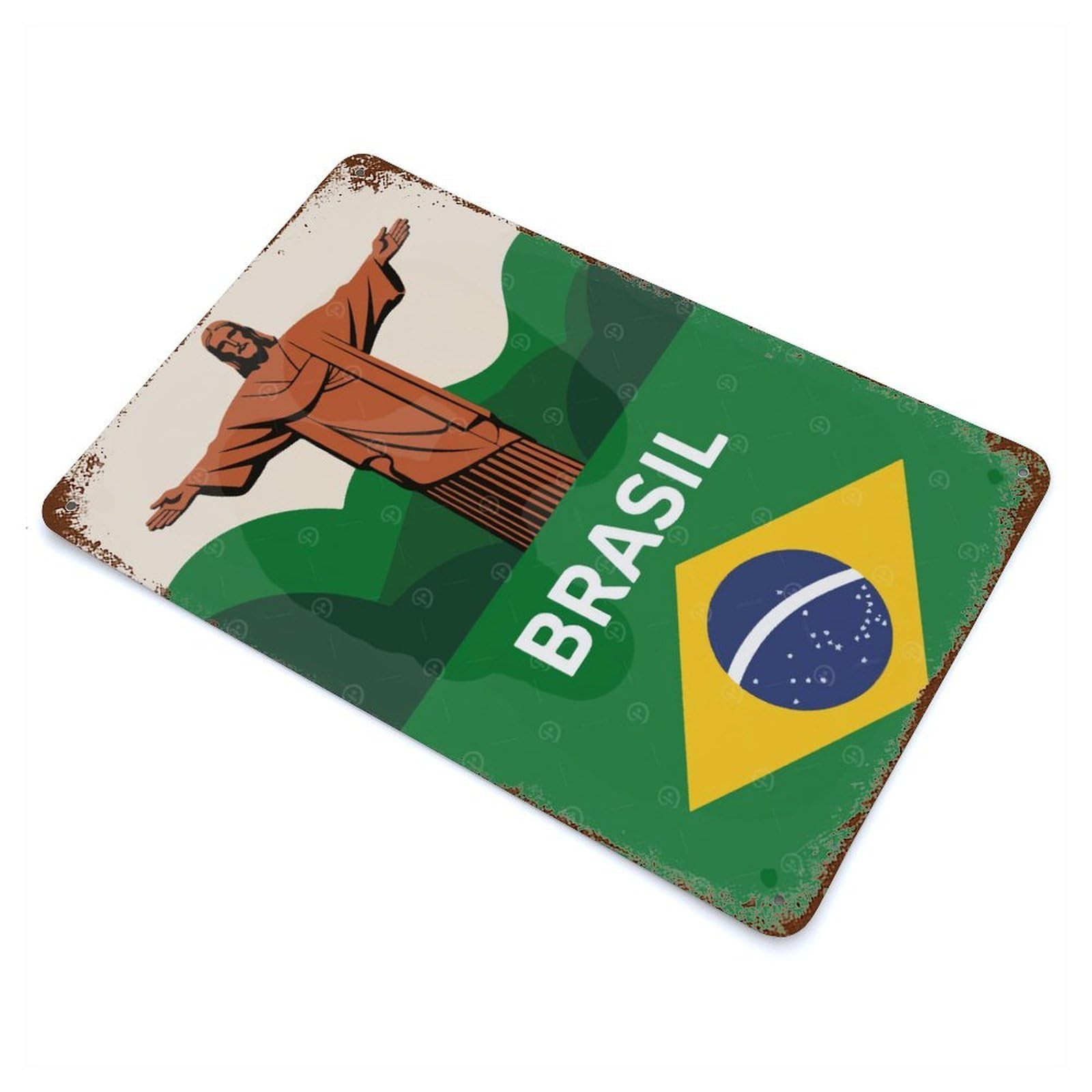Retro Metal Sign with Brazil Christ The Redeemer Illustration Design 11.8"x7.9", for Pub, Kitchen And Man Cave Decor, Rustic Home Decor