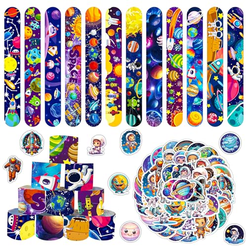 MORAINJAY 36 Pz Braccialetti Slap Pianeta e 50 Adesivi Braccialetti Slap Sistema Solare per Bambini Riempitivi Sacchetti Festa Regali Compleanno per Ragazzi e Ragazze Tema Spazio Esterno