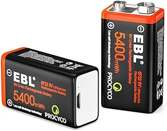 EBL 9 V Rechargeable Batteries, 600 mAh, 2 Pack, 6P Batteries, 1.5 H Rapid Charging, Compatible with Radios, Toys, Indoor Smoke Detectors, Micro USB Charging Cable, Can Be Used Approximately 800 Times