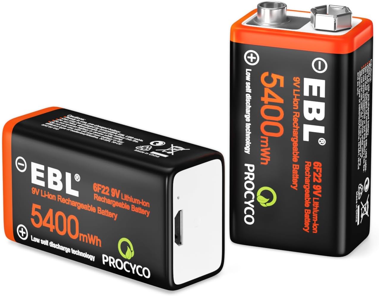 EBL 9 V Rechargeable Batteries, 600 mAh, 2 Pack, 6P Batteries, 1.5 H Rapid Charging, Compatible with Radios, Toys, Indoor Smoke Detectors, Micro USB Charging Cable, Can Be Used Approximately 800 Times