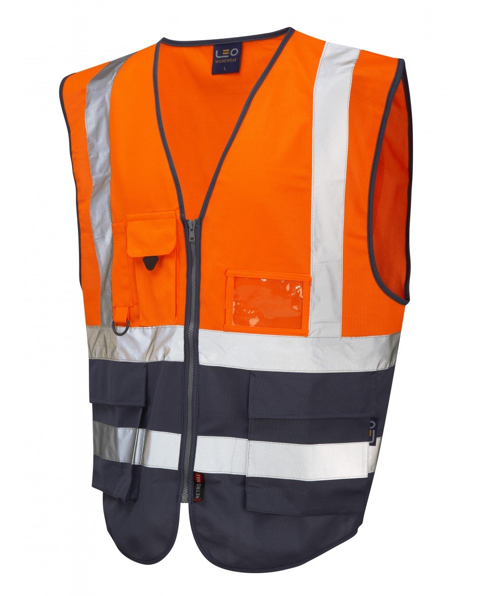 Leo Workwear Orange-Navy Lynton W11 Dual Colour Hi-Vis Class 1 Multi-Pocket Superior Waistcoat, M,