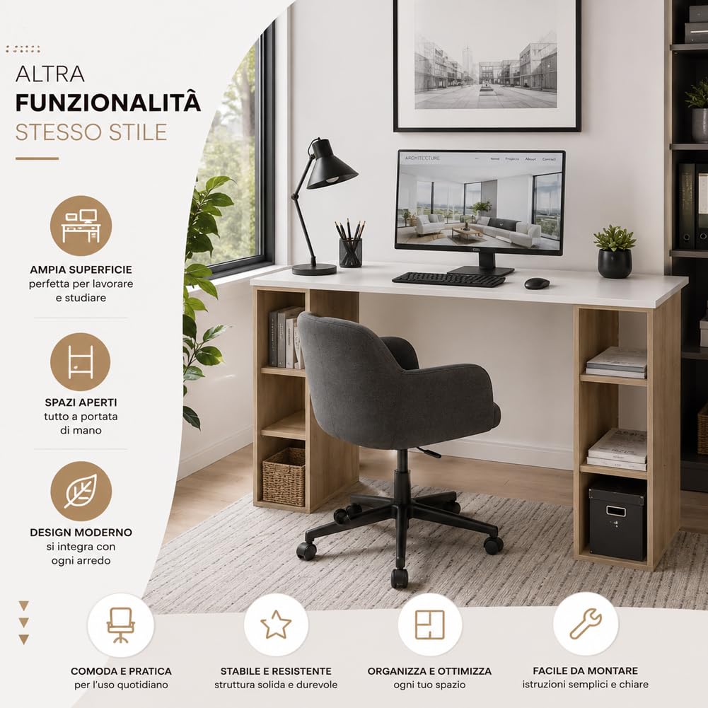 BAKAJI Scrivania con Doppia Libreria 6 Ripiani Tavolo da Lavoro Porta PC Computer Struttura e Piano in Legno MDF Arredamento Casa Ufficio Cameretta Design Moderno 140 x 60 x 75 cm, Quercia