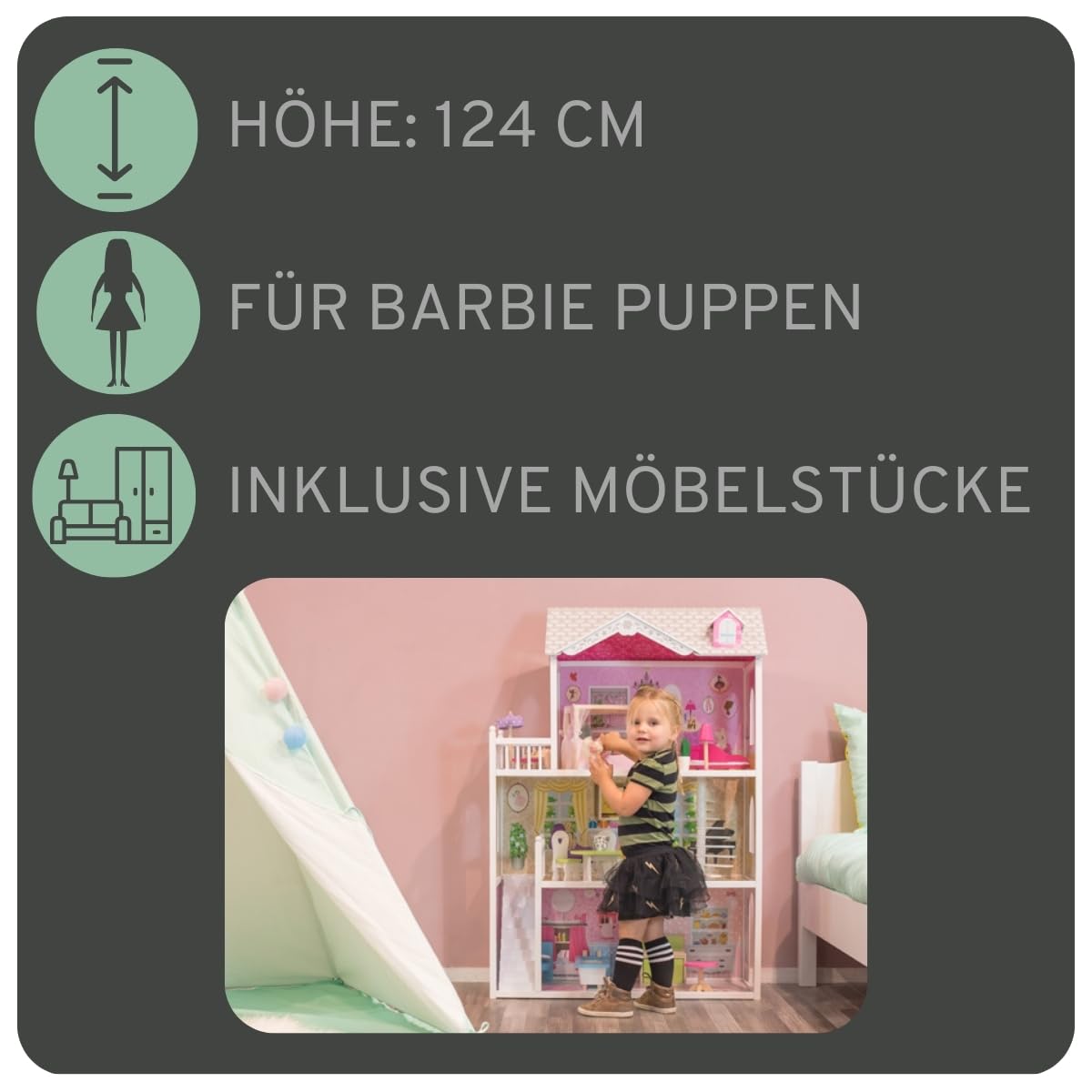 Bandits & Angels Puppenhaus aus Holz, Barbie-Haus, Angels Country House, ab 3 Jahren, 124 cm hoch – inklusive 14 Möbelstücken – für Barbie-Puppen – Puppenhaus – Puppenspielzeug