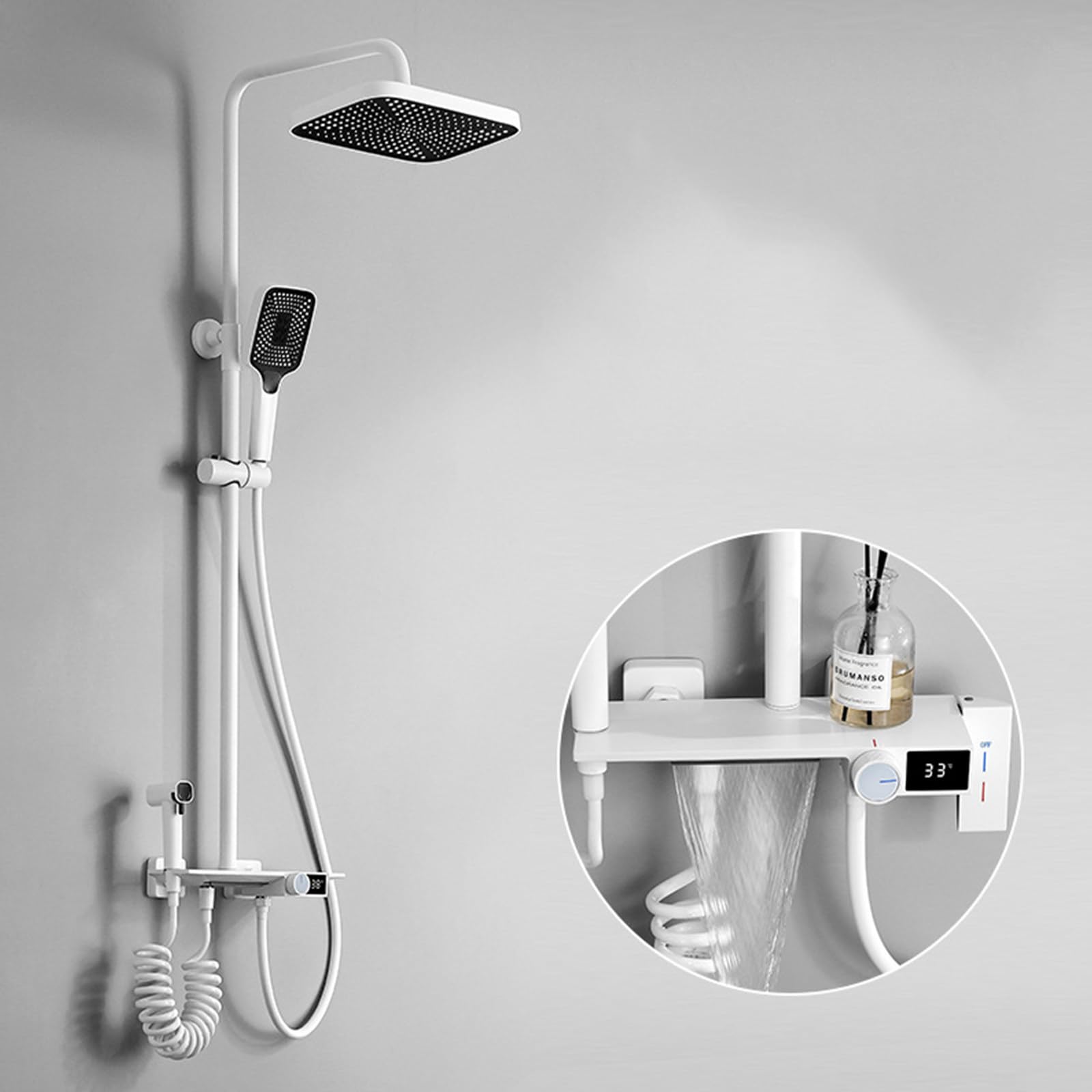 Sistema Doccia con Display Digitale a LED, Set di rubinetti a 4 funzioni, Montaggio a Parete, Combinazione Pioggia per Bagno, Vasca in Ottone con doccetta e Bidet (Bianco)