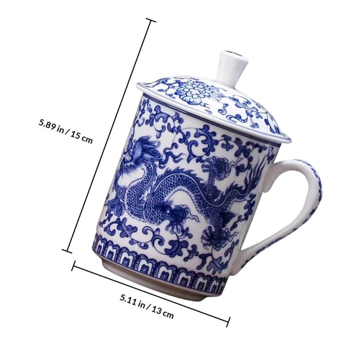 Housoutil Taza de Té de Cerámica Tapa, Gran Capacidad y Diseño Azul y Blanco, Fácil de Limpiar y Resistente a Manchas para Uso en Casa o Oficina
