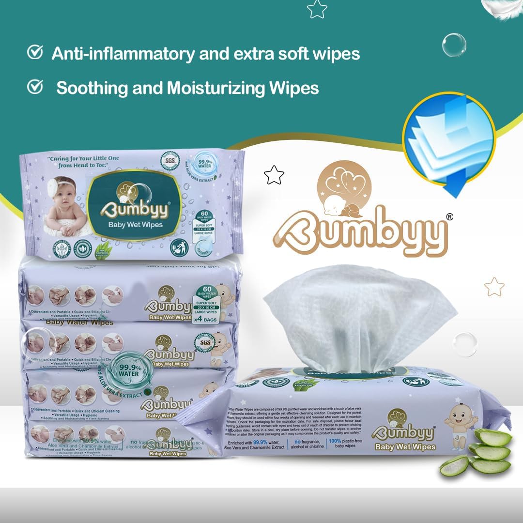 Lot de 12 lingettes humides biodégradables pour bébé, 99,9 % à base d'eau, non parfumées à l'aloe vera et à l'extrait de camomille, 100 % à base de plantes, sans alcool et sans chlore