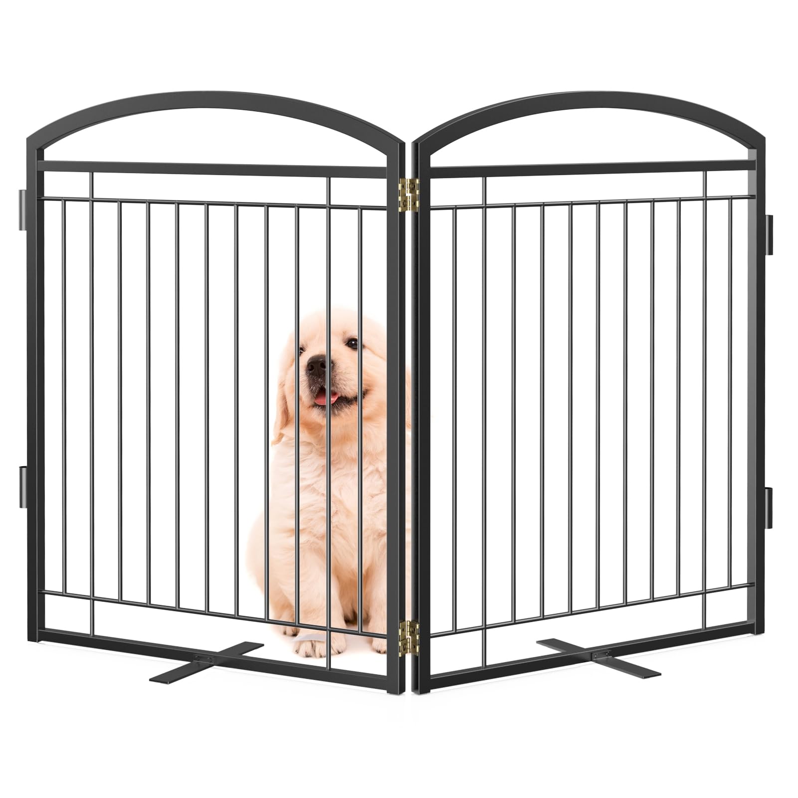 Full Metal Free Standing Dog Gate with Door for Indoor Outdoor, 48'' Extra Wide 32'' Tall Dog Gate for Doorways,Large Openings,Decks,Pet Puppy Freestanding Safety Fence(2 Panels,Black)
