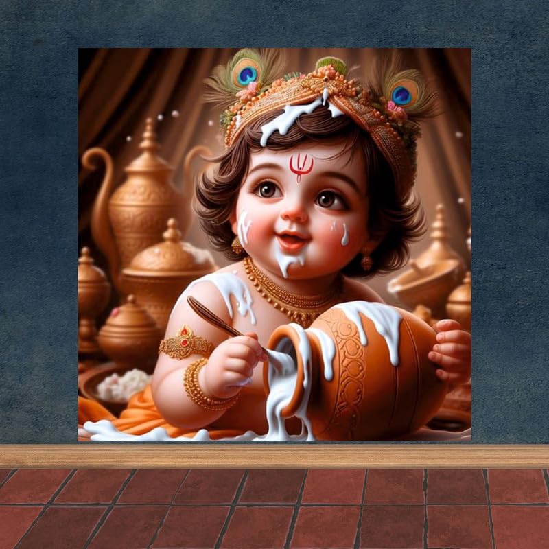 Image of British Terminal Cute little Bal Gopal Baby God Krishna| Kanha Ji | Laddu Lord Makhan Chor Painting Religious Poster for Pregnant Women for wall (matt thin vinyl,sticker,multicolor,unframed)| bj407