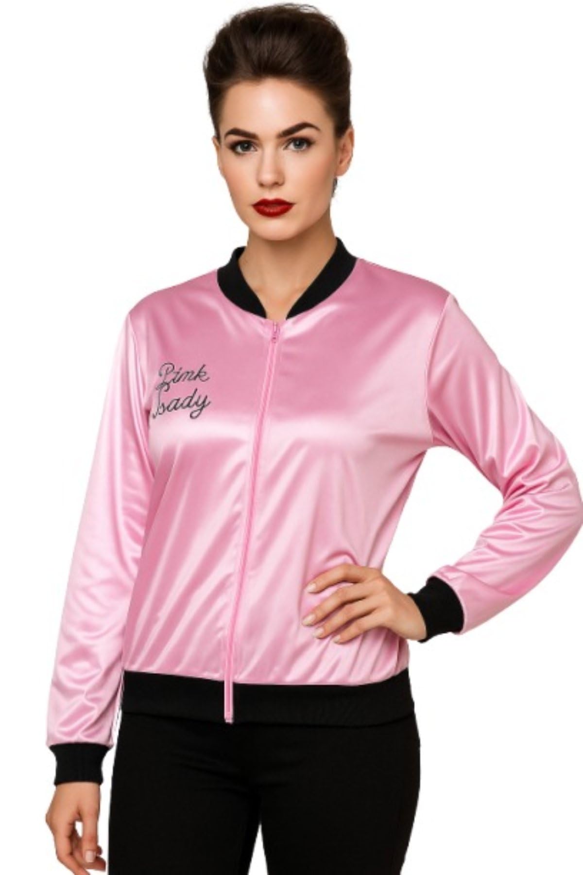 Fancyd Chaqueta de satén rosa de los años 50 para mujer, chaqueta bomber de satén vintage