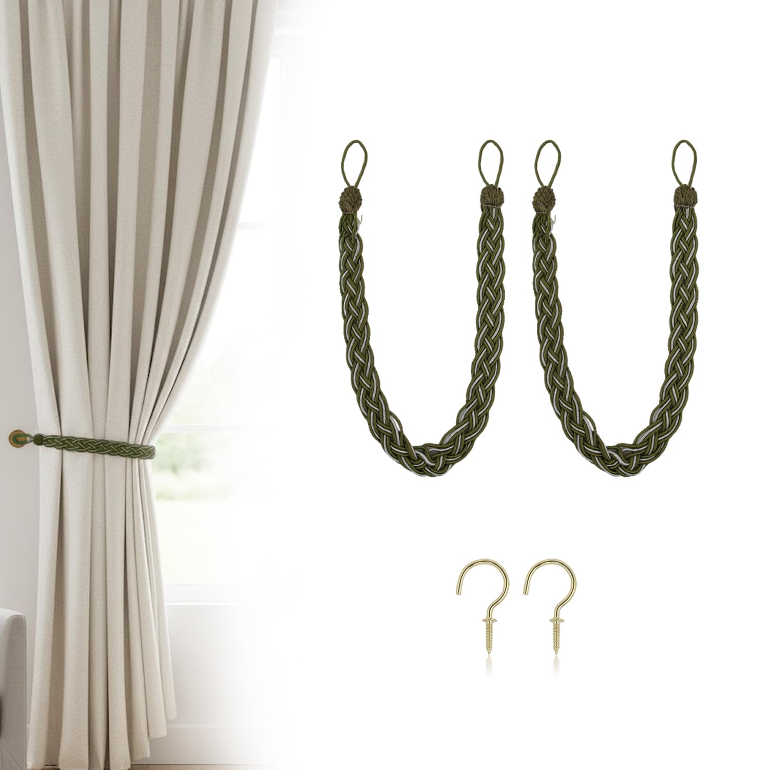 Uxney Green Curtain Tiebacks, 2 Pack Hand Braided Rope Curtain Holdbacks with Metal Hooks – Heavy Duty Sage Green Tie Backs for Drapes, Window Treatment Decorative Holdbacks for Living Room