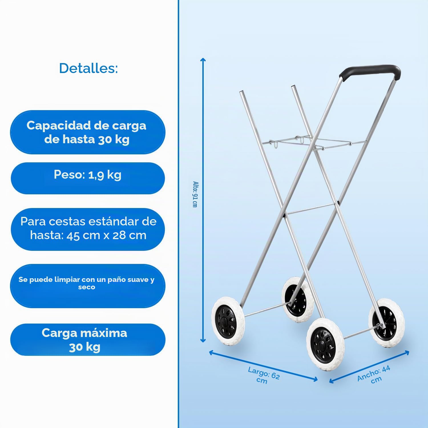 Cesta para la colada con ruedas – Fácil de transportar y colgar la ropa – Ahorra espacio y protege la espalda – Cesta para la colada con dimensiones de 66 x 44 cm aprox