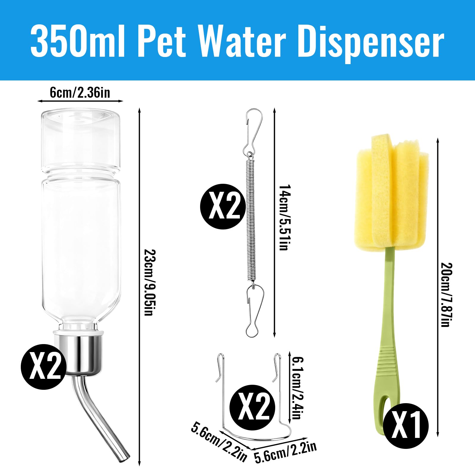 2 Pièces Biberon Lapin, 350ml Abreuvoir Lapin Suspendus, avec Crochet à Ressort Brosse de Nettoyage pour Les Rongeurs