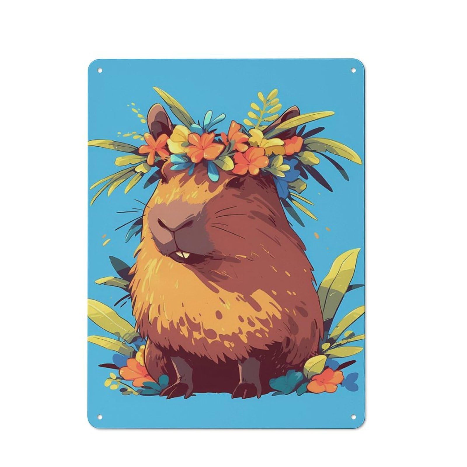 Junmoney Style-5 Understated Office Metal Sign 40X30cm Featuring Capybara With Floral Crown Illustration, Studio Wall Plaque For Office, Study, Studio Or Hallway