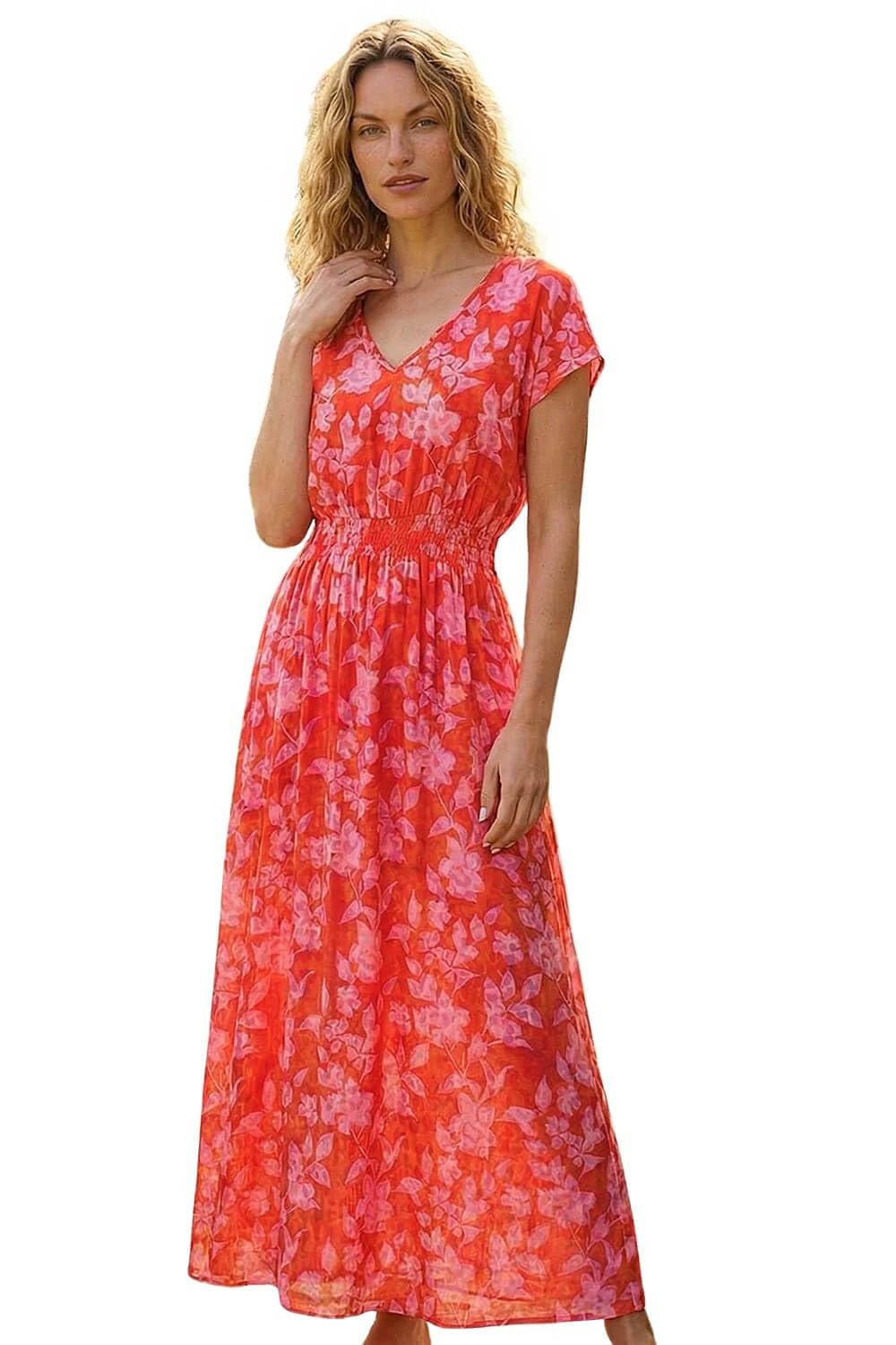 Roman - Women's Maxi Dress - Floral Print - Shirred Waist - Orange - Size 18