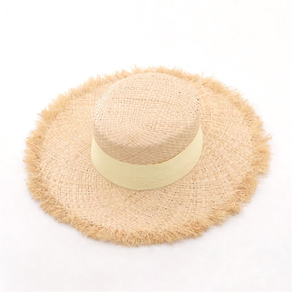 Rafia Grass Hair Edge Flat Top Large Eaves Cappello di Paglia Cappello A Cilindro Piatto in Erba di Rafia con Fettuccia Multicolore(3-Pack)