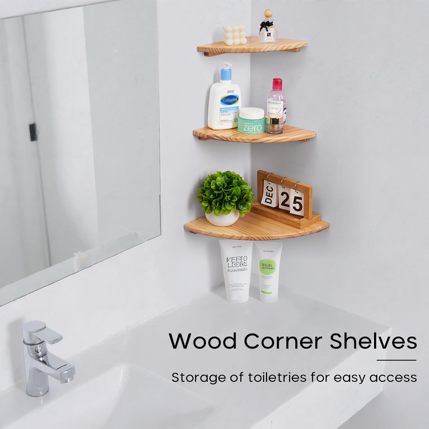 Gieanoo Corner Floating Shelves,Set of 3 Solid Pine Wood Round Corner Shelves Wall Mounted with Wire Hole Floating Corner Shelf for Small Plant for Bedroom Kitchen Living Room(Natural 9/10/12in) - Image 4
