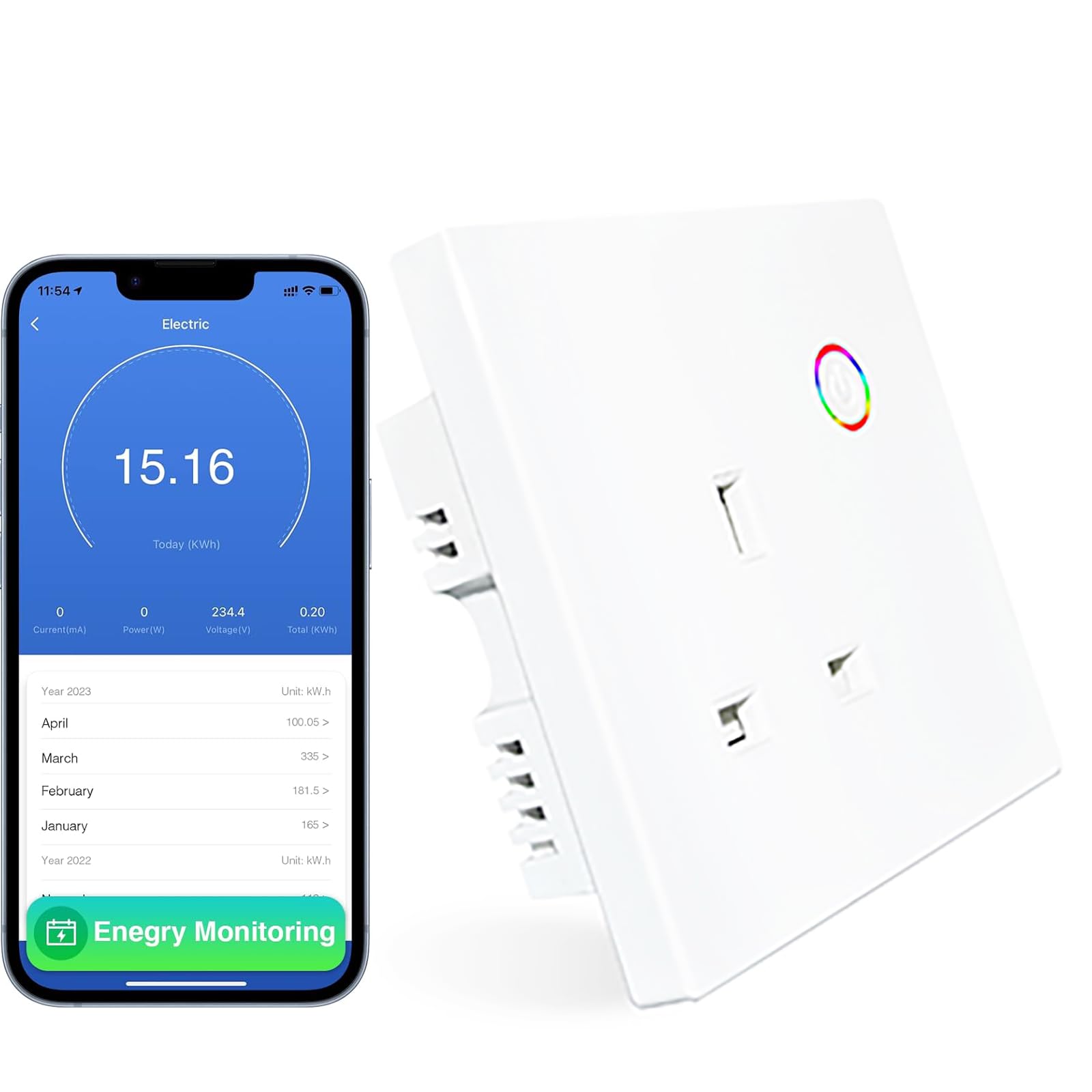 Energy Monitoring Smart Wall Outlet, Overload Protection WiFi Wall Socket, Works with Alexa Google Home, Timer/Voice, No Hub Required(White, 1Pack)