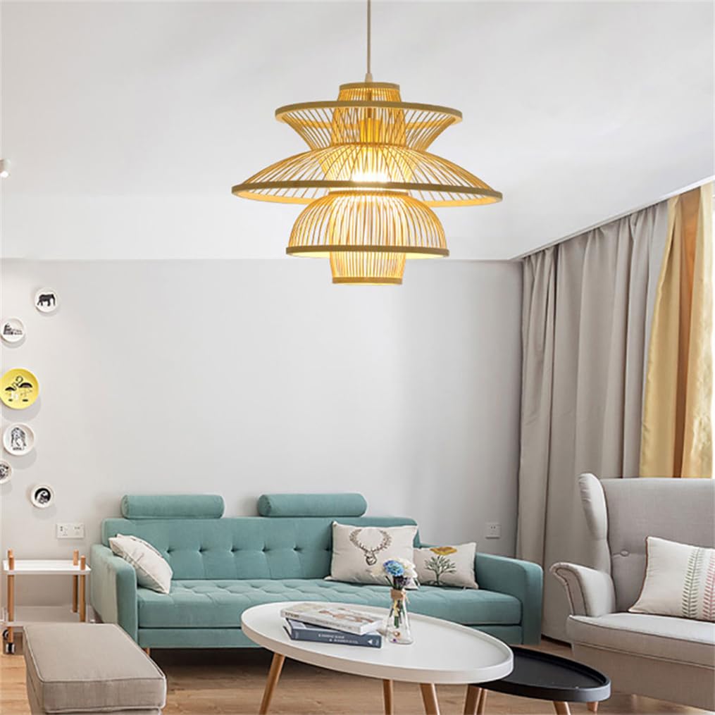 Lampa wisząca z bambusa - pleciony żyrandol w stylu boho, naturalna lampa rattanowa, nowoczesna oprawa wiklinowa, podstawa E26, do restauracji, sypialni, salonu, 50 cm