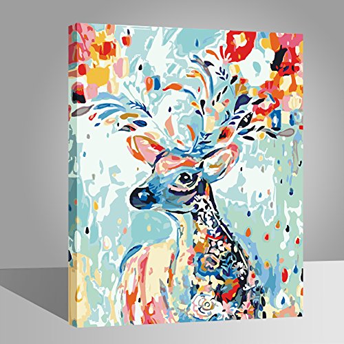 RIHE - Pintura por números al óleo, lienzo de ciervo sin marco para decoración del hogar with wood frame Acuarela Floral Ciervo