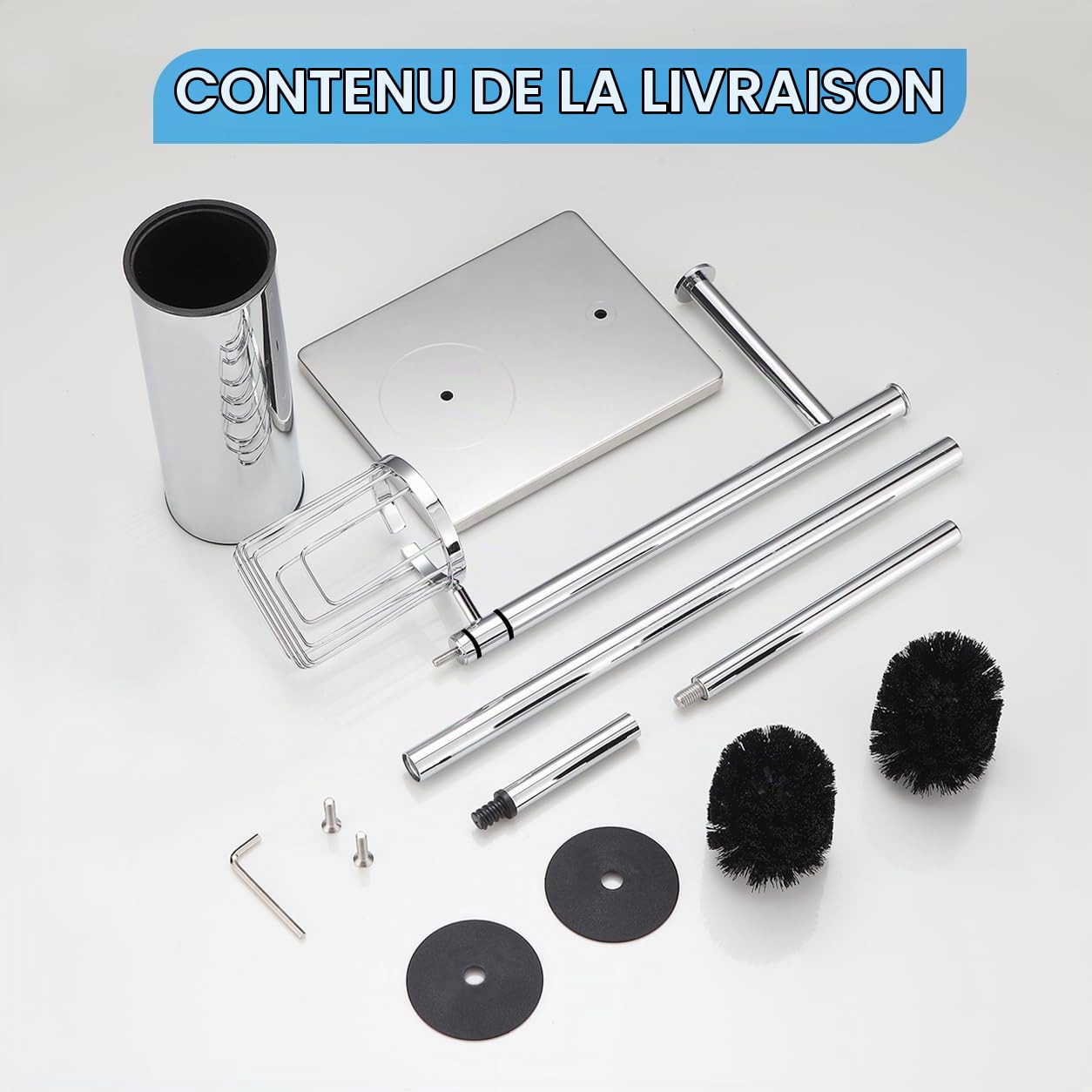 DAZI Brosse Toilettes WC métallique autoportante, Brosse WC avec 2 Balai Toilette WC pour Le Nettoyage en Profondeur de la Salle de Bain (Chrome)