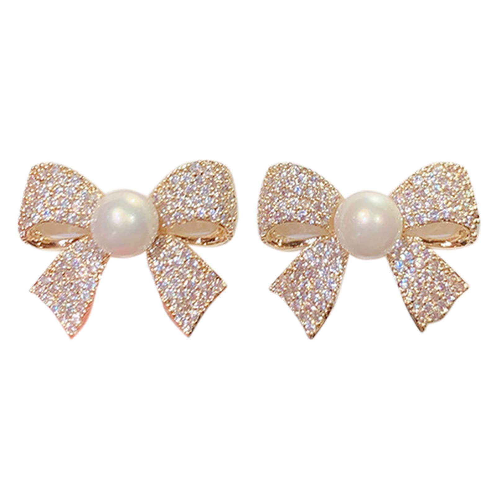 GenericWomen Earrings for Ramadan Mother's Day Pearl Bow Rhinestone Earrings Thin Dangle Gold Elegant Pearl Rhinestone Earrings Wedding Women Accessories Jewelry Bow Earrings For Women Hoop Earrings 60mm