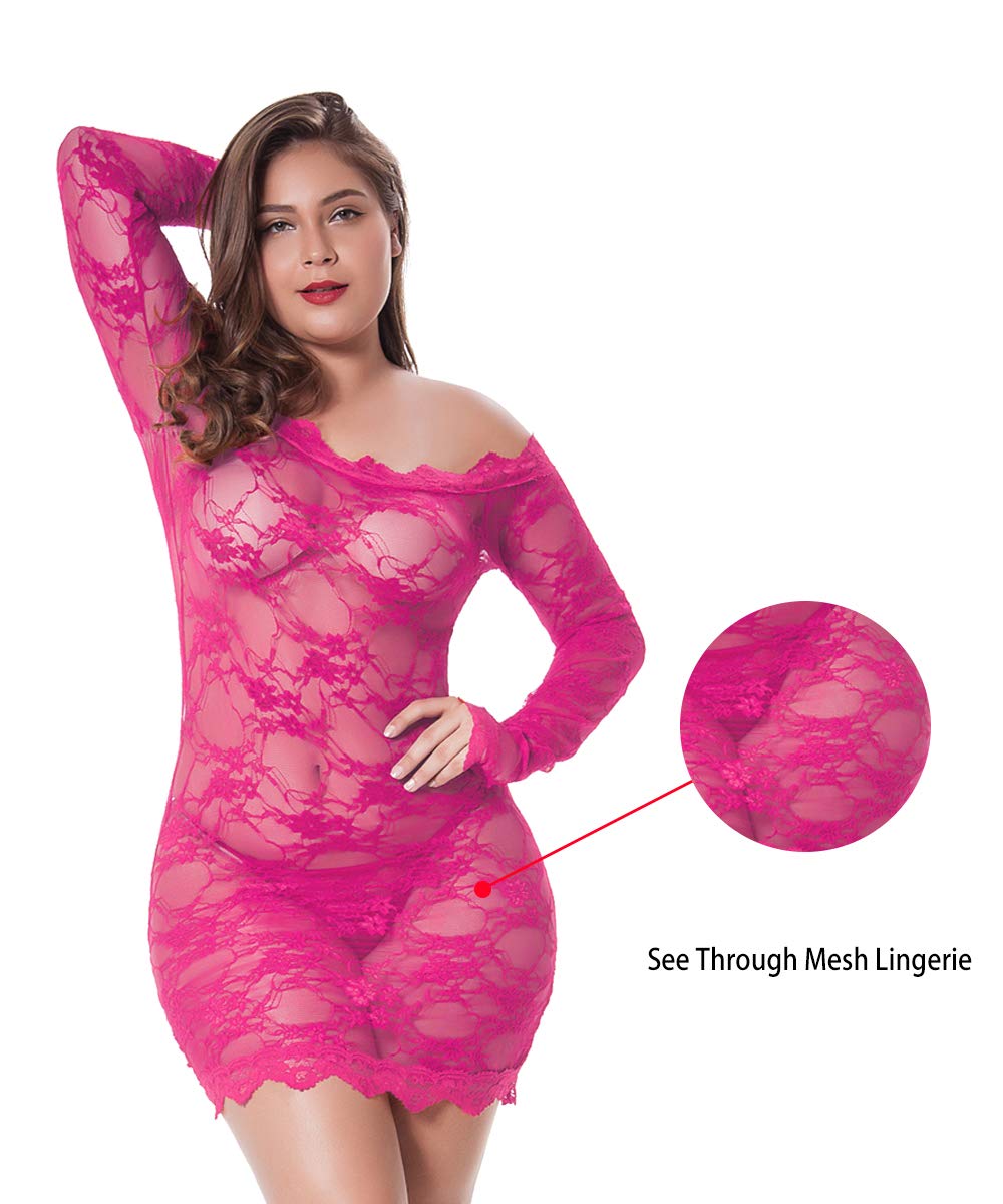LINGERLOVE Plus Size Women's Sexy Babydoll Dress Lingerie Floral Lace Off Shoulder Chemise Sleepwear: Rose Medium-Large