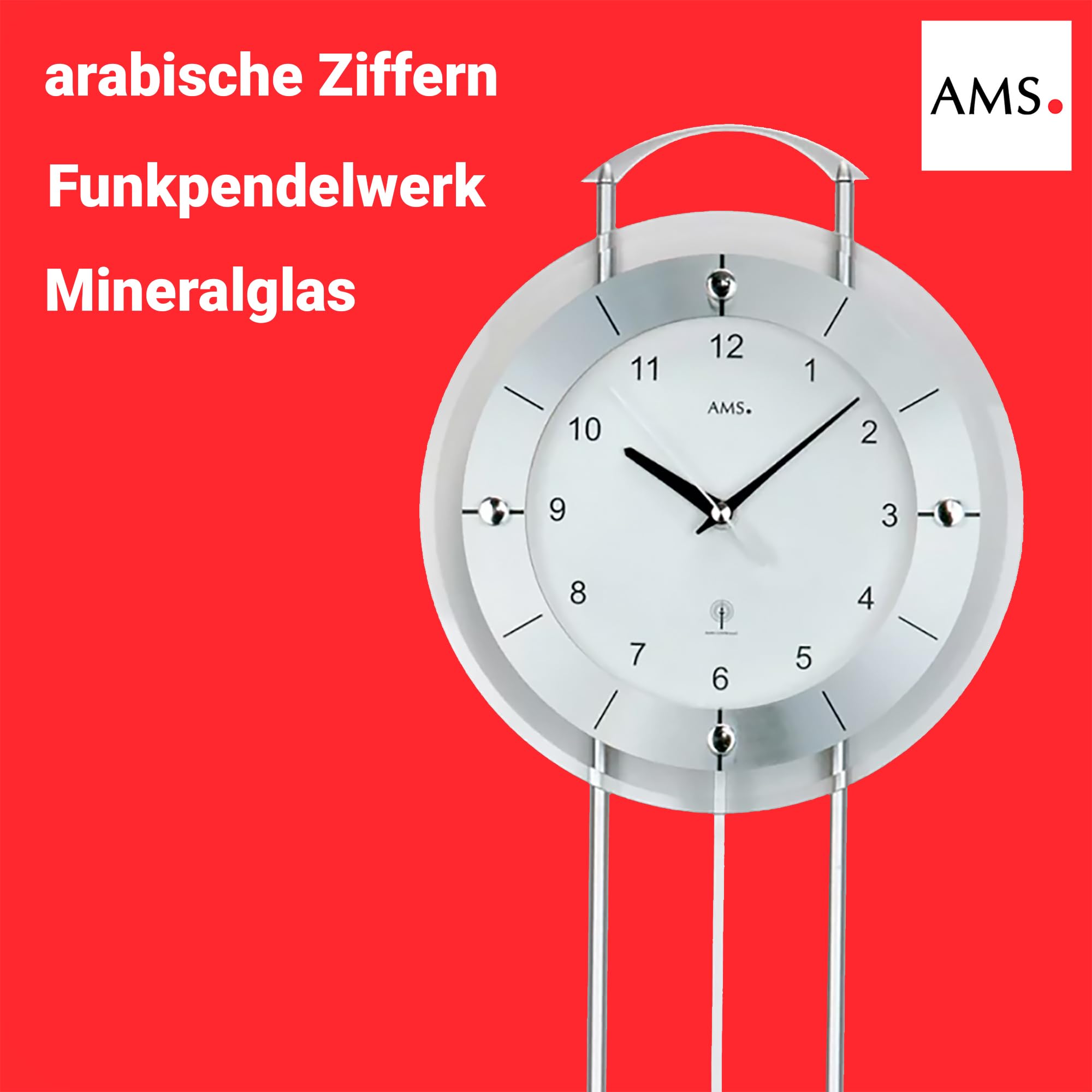 AMS Pendelwanduhr 5254, Funk, mit Silberlackierten Metallstäben, Aluminiumfrontreif und Mineralglas, Arabische Ziffern, 24 x 60 x 6 cm
