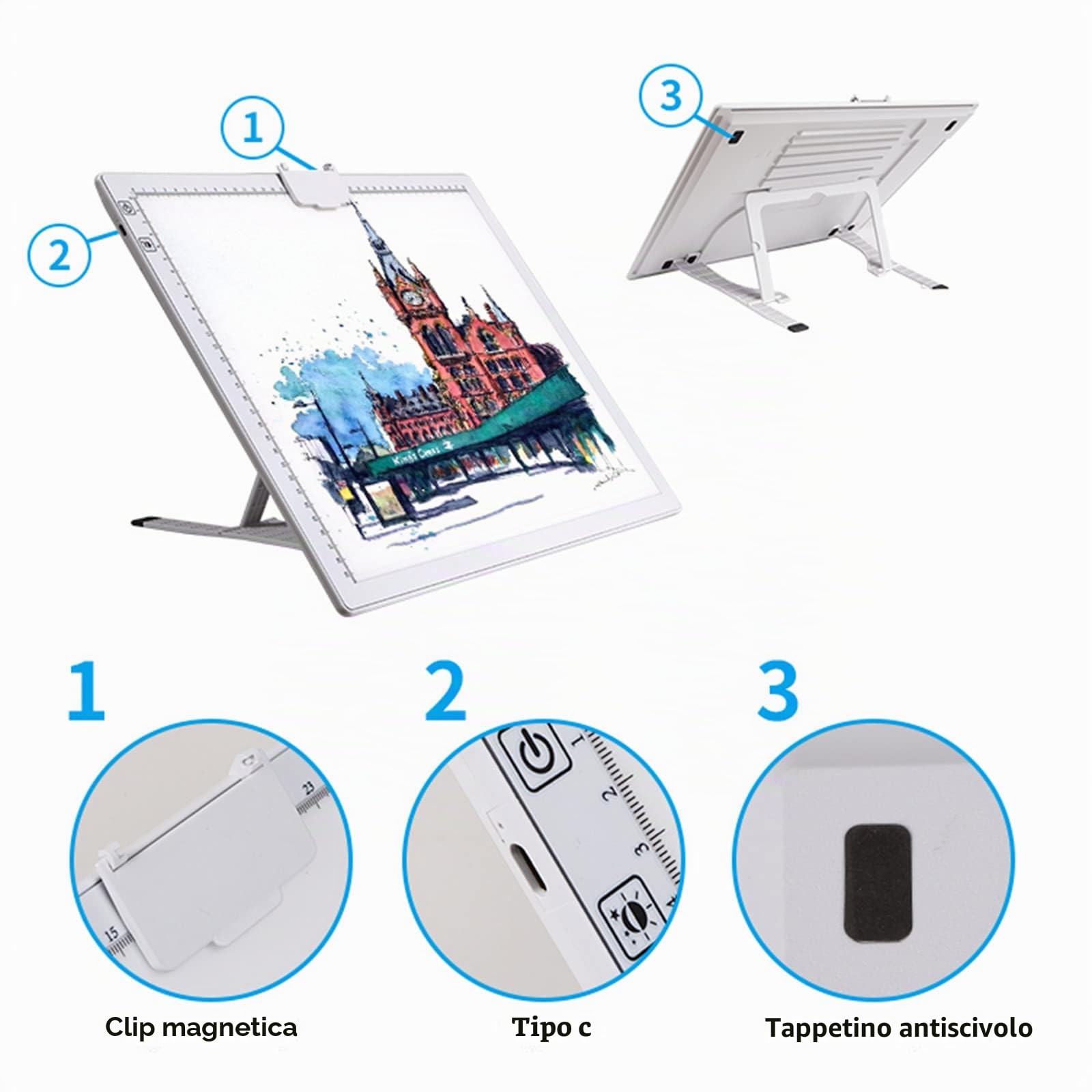 TOHETO A3 Ricaricabile Tavoletta Luminosa per Disegnare con Supporto Pieghevole, Tracing Light Box LED Light Pad di Disegno, con Luminosità Regolabile, per Disegno, Pittura a Diamante 5D (Bianco)