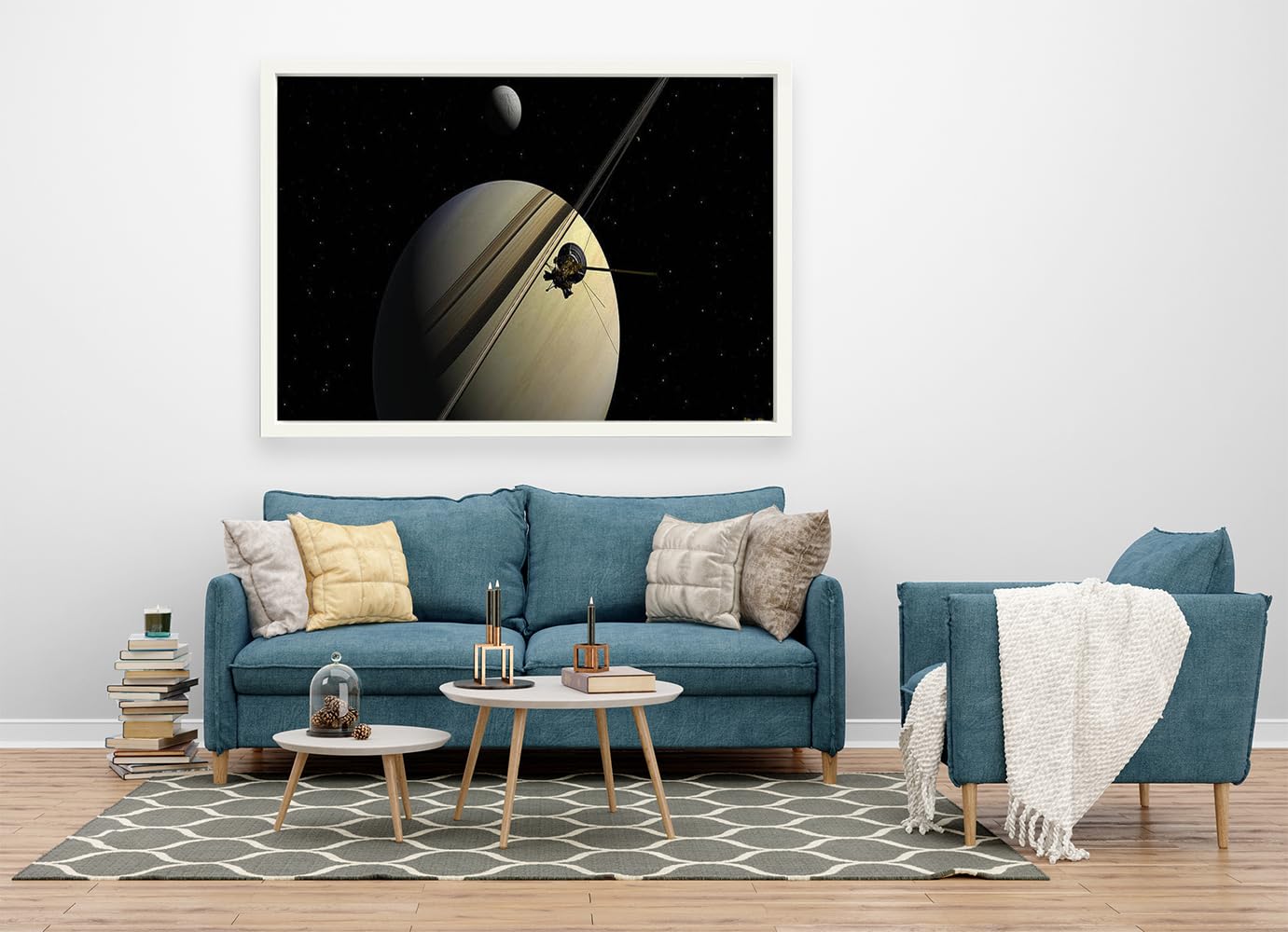 VERRE ARTPrinted Framed Canvas Painting for Home Decor Office Wall Studio Wall Living Room Decoration (60x45inch White Floater) - Cassini Passing Tethys