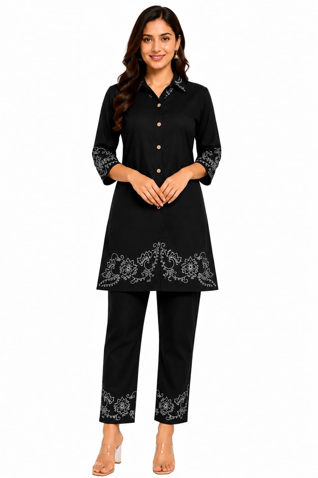 Cotton Rayon Co-ord Set for Women, Paisley Floral Print, 3/4th Sleeves Shirt Collar Kurti with Pants, Office and Casual Wear, Sizes L-3XL-image-10