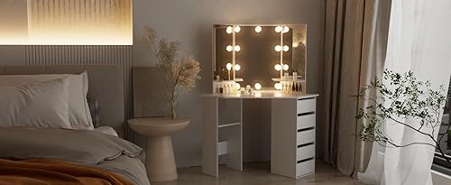 Miniatura 10 de Likein Escritorio esquinero de maquillaje con espejo y luces, mesa de tocador de dormitorio con espejo iluminado, 5 cajones y estante de