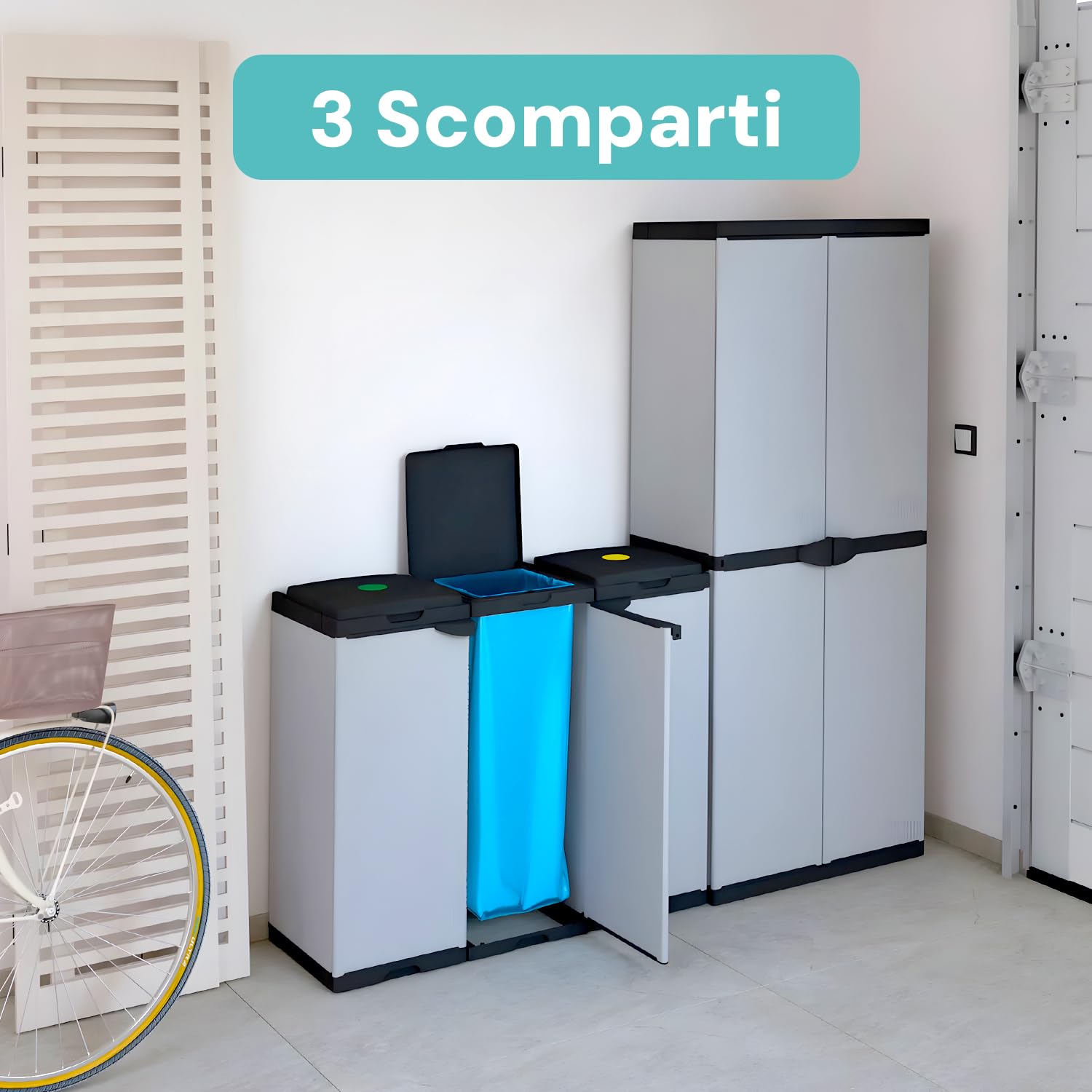 Avilia Mobile Portasacco Tris per Rifiuti 80L - Resina PVC Rinforzata, Resistente alle Intemperie, Ideale per Interni/Esterni - Funzionale per Raccolta Differenziata Domestica