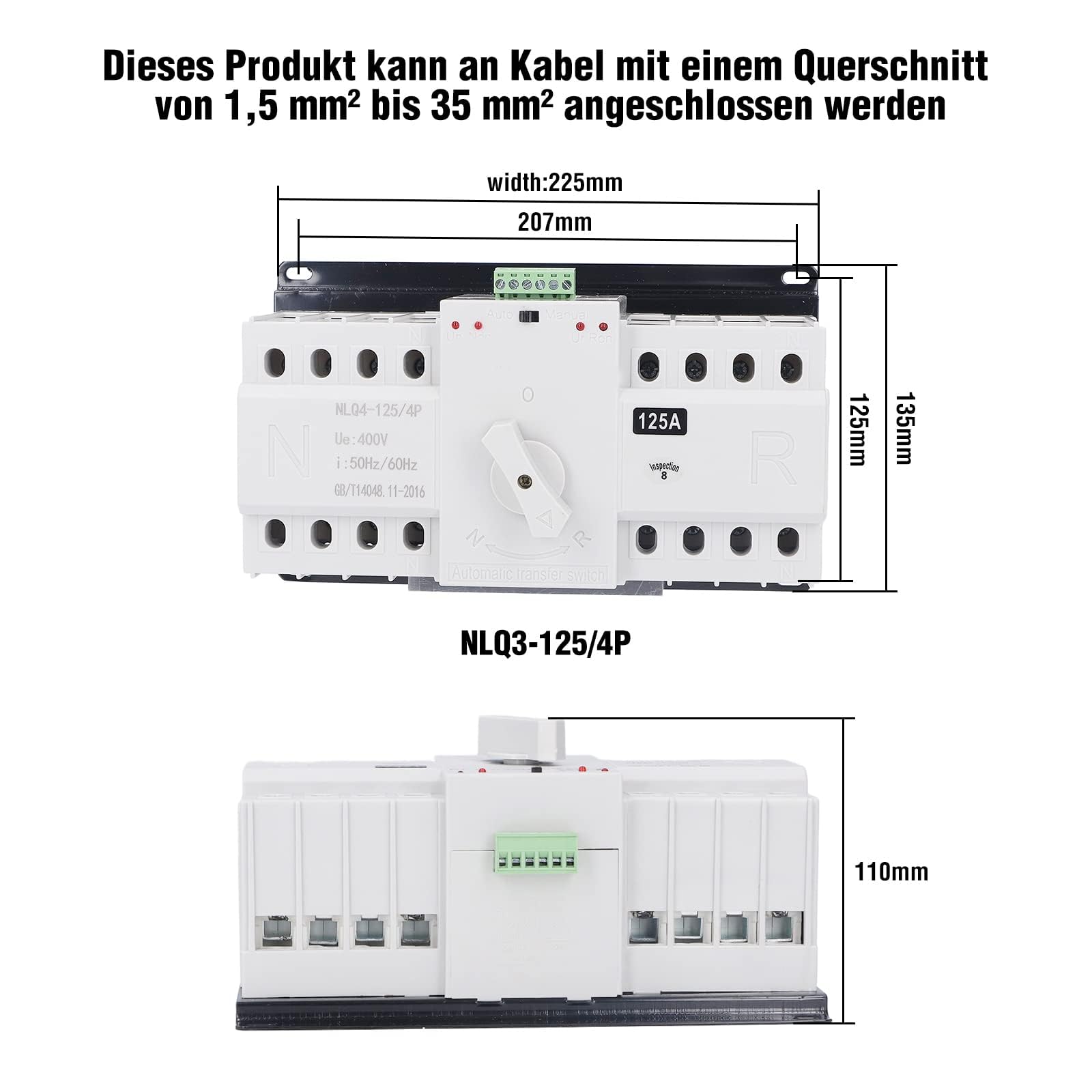 Dual Power Automatischer Transferschalter AC 400V 4P 125A ATS CB Netz-0-Notstrom Umschalter