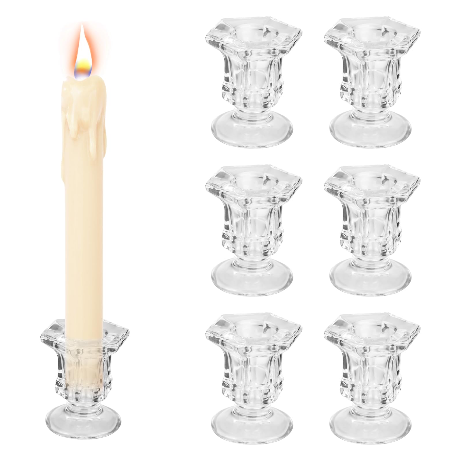 XTDMJ Glass Candle Holder for Candlestick, 6Pcs Clear Candle Holders Thicker Glass Candle Sticks Set, Taper Hexagonal Candlestick Holders for Wedding, Festival, Party & Table Decoration