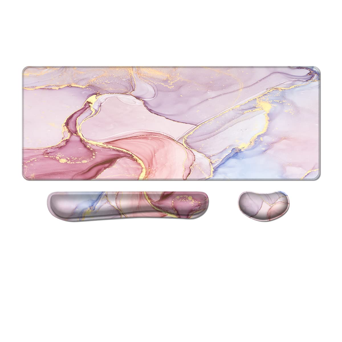 MIBITRI Keyboard Mouse Pad Set, Extended Gaming Mouse Pad+Ergonomics Keyboard Wrist Rest Support, Memory Foam, Easy Typing Pain Relief, 3Pcs XXL Ultra Thick Desk Mat, Pink Gold Marble — image 1