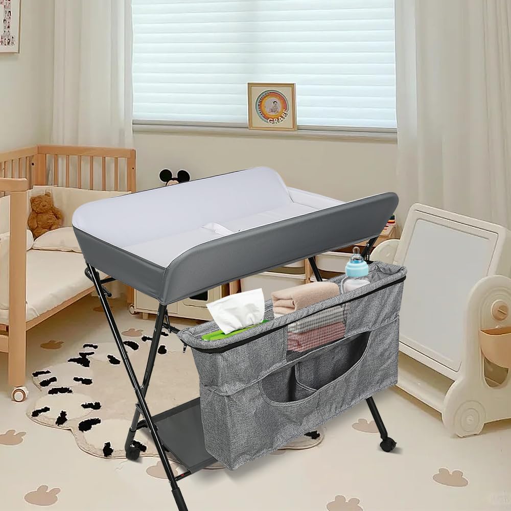 homewell Cambiador portátil plegable, altura ajustable, cambiador para bebé con ruedas y cinturón de seguridad, cambiador impermeable