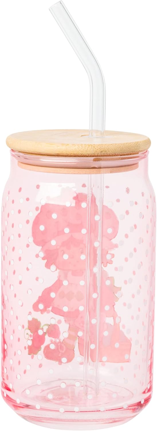 Silver Buffalo Strawberry Shortcake Pink Glass Tumbler with Bamboo Lid and Glass Straw Featuring Strawberry Shortcake and Custard, 16 Ounces - Image 2