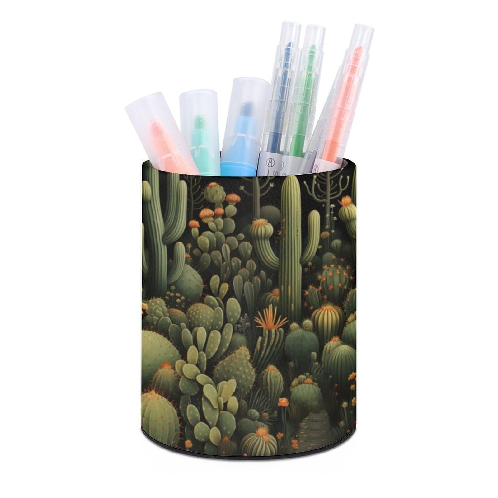 VstaDank Green Cactus Pen Holder PU Leather Pencil Cup Minimalist Desk Pencil Holder Round Make Up Brush Organizers For Office Dorm Room&Vanity Desk Accessories