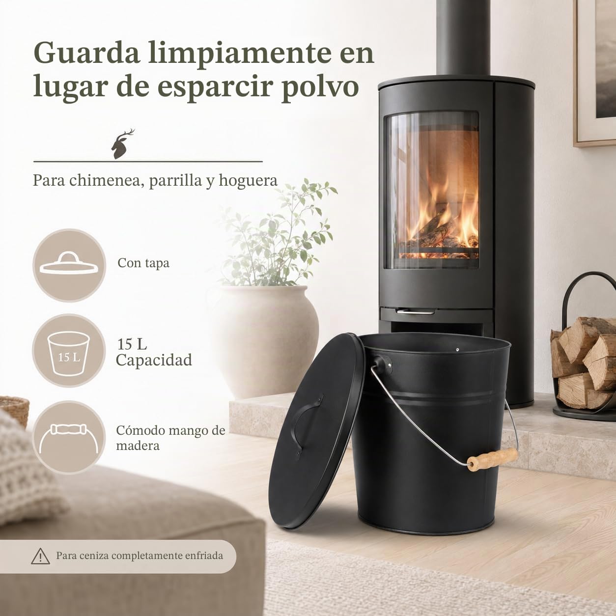 REWU Cubo de cenizas con tapa, 15 L, metal para chimenea y barbacoa | Cubo de metal estable de 15 L con tapa para cenizas completamente enfriadas, chimenea, carbón, briquetas y leña