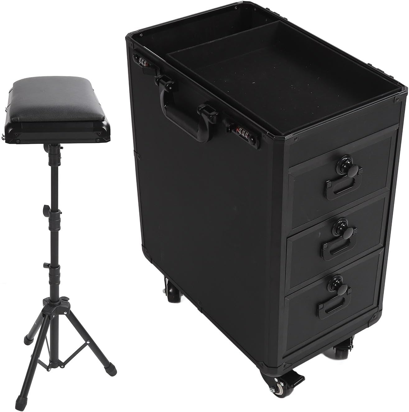 Yinhing 3 in Rolling Makeup Case High Capacity Aluminum Alloy Cosmetic Tool Chest with Handle for Artists Stylists Includes Lock Buckles Silent Wheels