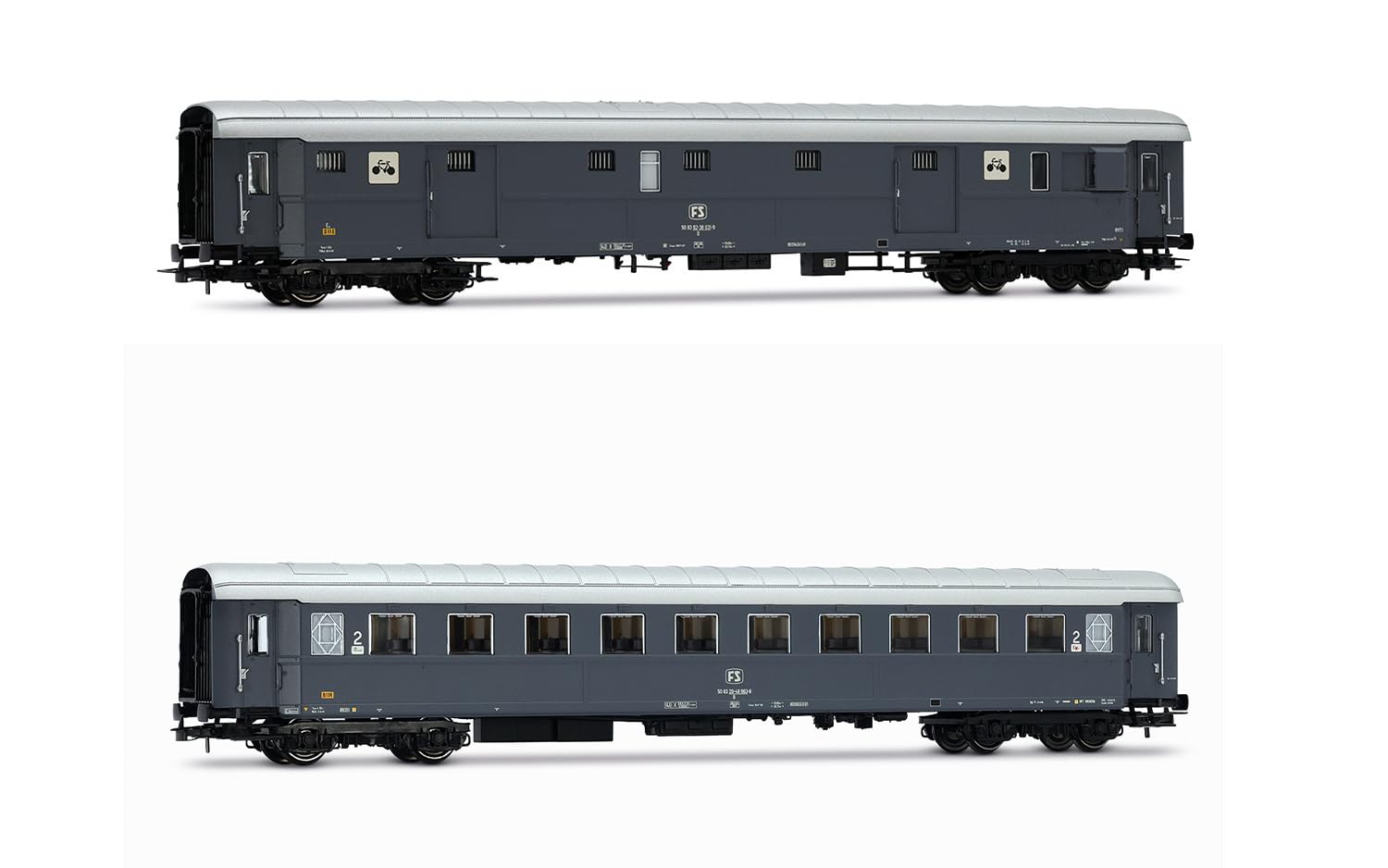 Rivarossi Hr4366 Fs, Opakowanie 2 Szt., Furgonetka Bagażowa Dz 83000 do Transportu Rowerów i Typ 1946 Bz 33010 2 Klasa, Szare Malowanie, Odc. Ivb, Tabor Wagonowy