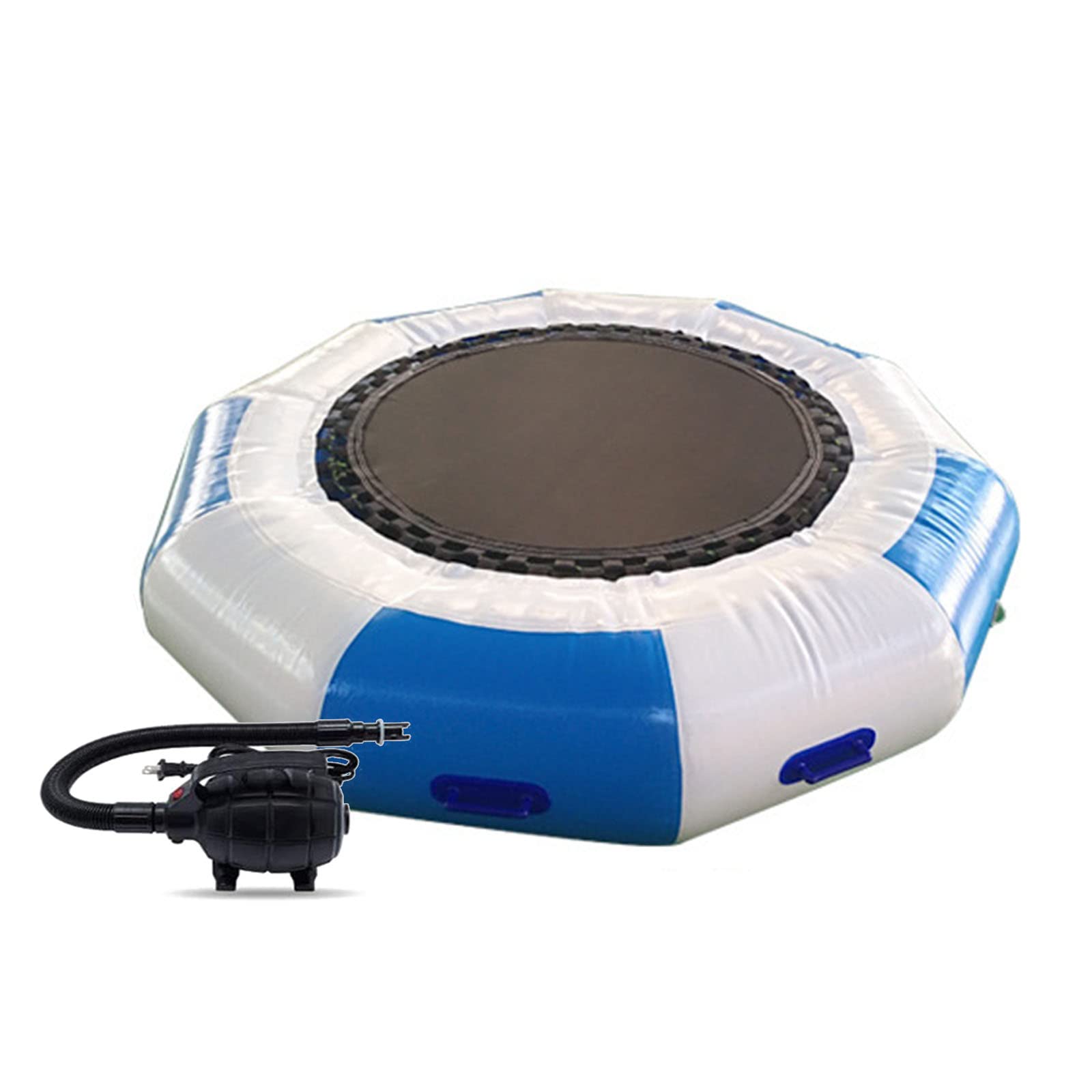 Trampolín inflable de agua con inflador eléctrico, rebotador de salpicaduras de buceo, escalera de cuerda, cuerdas de amarre y ancla para piscinas y lagos