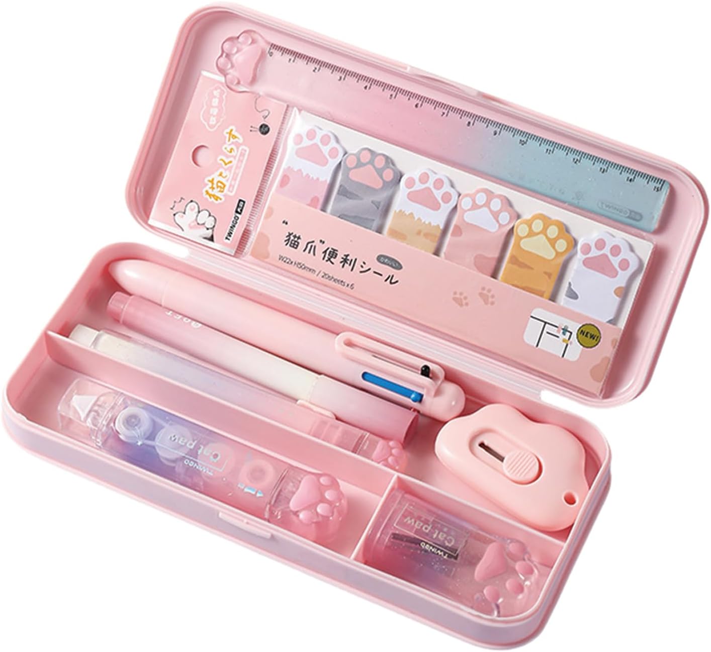 MOZXIRZ 9 Pcs Cute Pink Stationery Set Cat Paw School Supplies Kawaii Office Supplies Including Pens Pencil Sharpener Highlighter Eraser Correction Tape Ruler Utility Knife (Cat Paw-Pink)