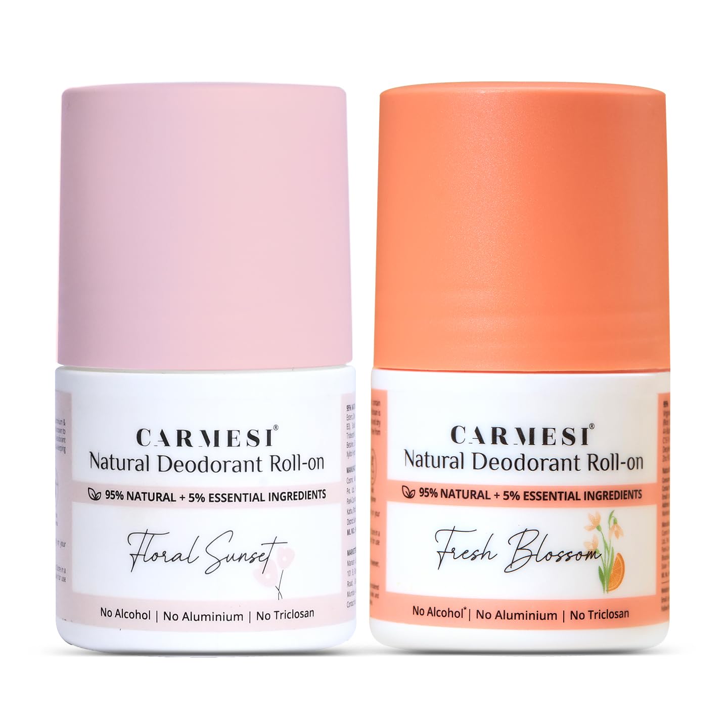 Carmesi Natural Underarm Roll On Deodorant Combo for Women | 95% Natural + 5% Essential Ingredients | For Fresh Underarms All Day | No Alcohol & Aluminium | Floral Sunset & Fresh Blossom (2 x 50 ml) with 2% Salicylic Acid w/w