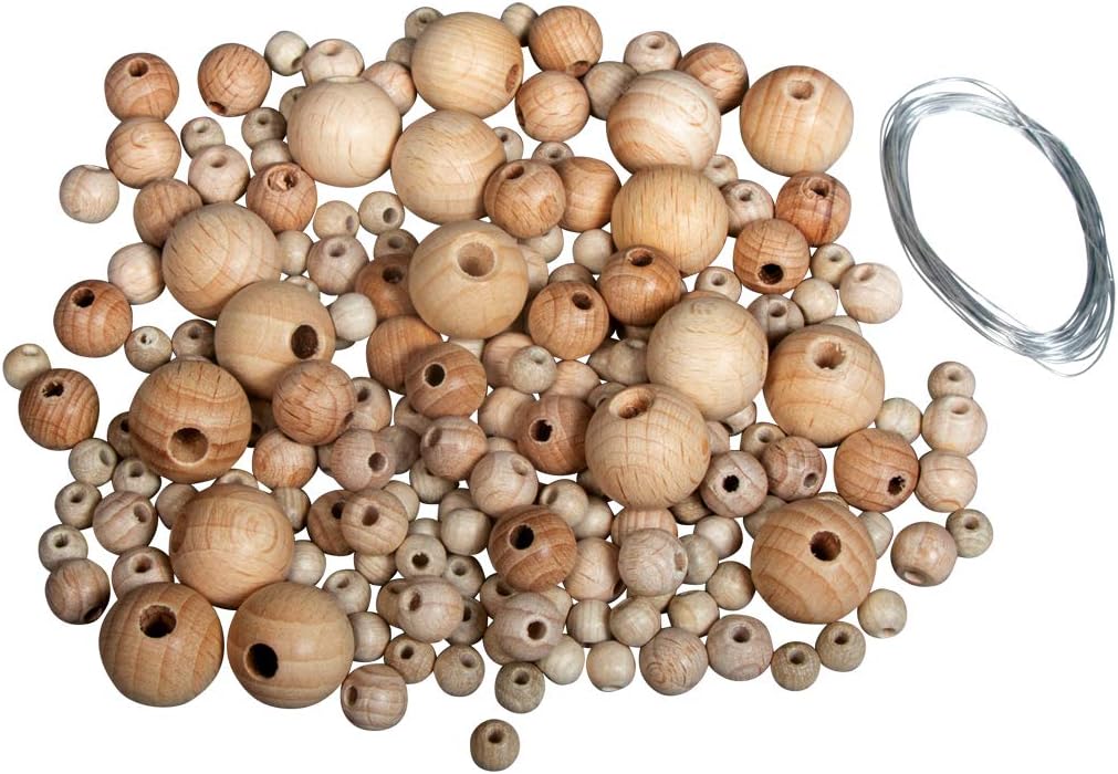 Rayher 63503000 BP: Wooden Stars Nordic, 2 x 7 cm + 1 x 11 cm, Beads + Threading Wire + Instructions, Set of 3, (English Language not Guaranteed), Natural, Normal