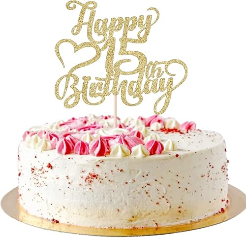Miniatura 3 de Decoración para tarta de cumpleaños número 15 con purpurina dorada – 15 aniversario/cumpleaños – Hello 15, Cheers to 15 años, 15 & Fabulous Cake