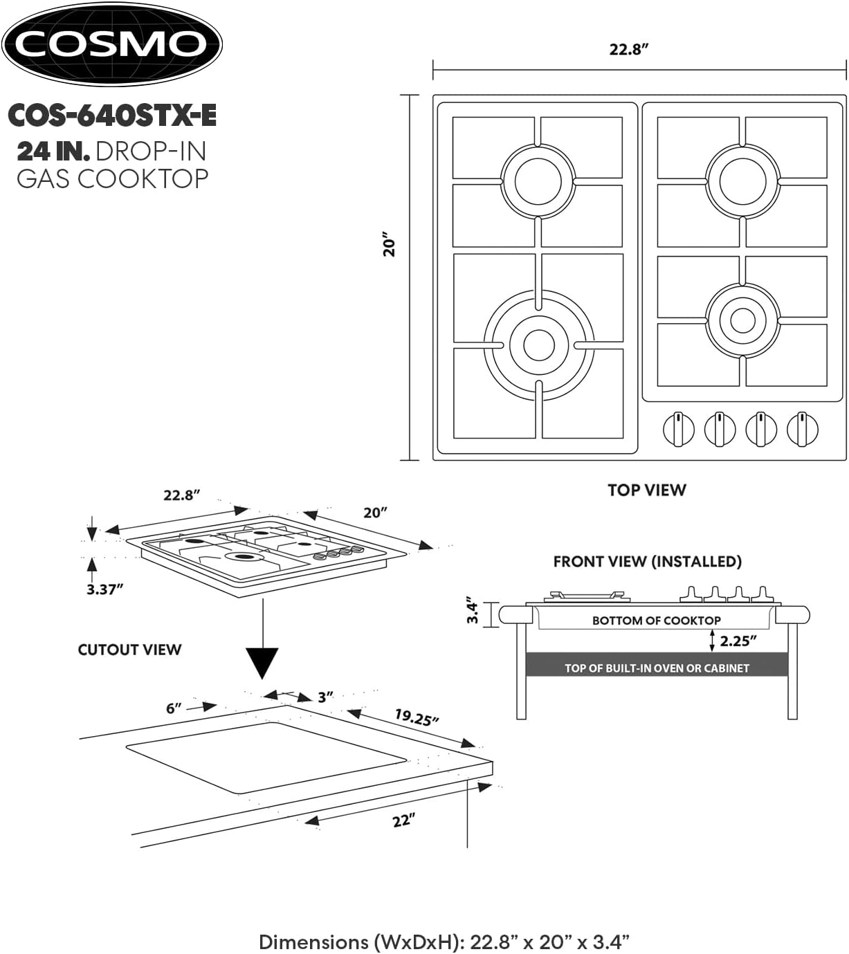 Cosmo 24" Stainless Steel Gas Cooktop with 4 Burners